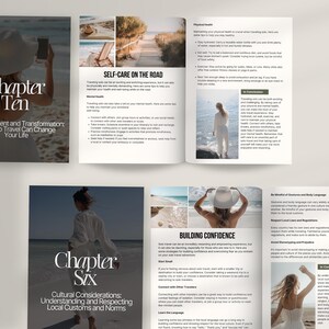 May include: Two pages from a travel guide book with tips on self-care, building confidence, and cultural considerations while traveling. The pages feature images of women in white clothing and hats, walking on a path and standing on a beach.