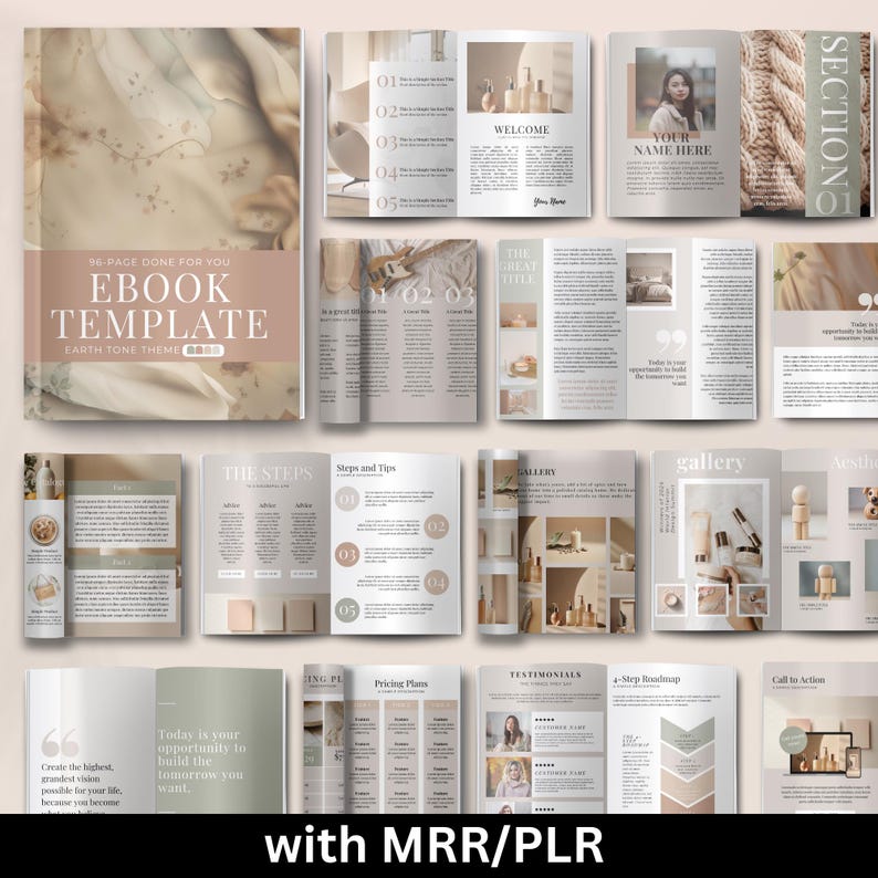 May include: A 116-page ebook template with an earth tone theme. The template includes sections for welcome, the great title, steps and tips, gallery, pricing plans, testimonials, a step roadmap, and a call to action. The template is designed for use with MRR/PLR.
