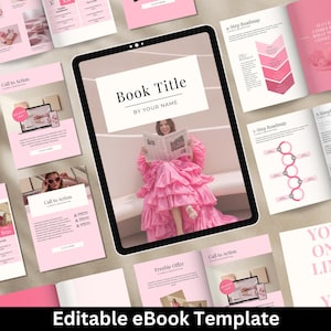以下が含まれることがあります： ピンクと白のデザインの編集可能な eBook テンプレート。中央の画像は、タイトル「Book Title」の表紙と新聞を読む女性が表示されたタブレットです。追加のページとコールトゥアクション要素が配置されています。