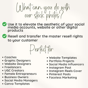 May include: A checklist of ways to use stock photos for social media, websites, and other digital products. The list includes coaches, graphic designers, website designers, freelancers, UGC creators, female entrepreneurs, business owners, social media managers, and Canva templates. The list also includes website templates, portfolio projects, social media influencers, Instagram posts, Instagram reels covers, Pinterest posts, and faceless marketing.
