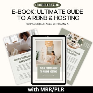 May include: A digital e-book cover with a green and white background. The cover features a woman sitting on a couch with a laptop, and the text "The Ultimate Guide to Airbnb Hosting" in a white box. The cover also includes the text "E-book: Ultimate Guide to Airbnb & Hosting" in black text.