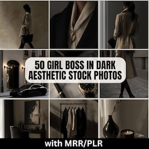 May include: A collage of images featuring a woman in a dark aesthetic setting. The images include a woman walking in a dark hallway, a close-up of a woman's outfit, a woman walking in a dark street, a black car, a pen, a watch, a dark room with a painting, a rack of clothes, and a dark room with a candle and a vase.