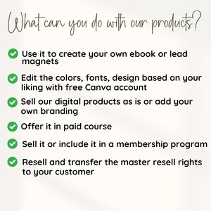May include: A checklist of ways to use digital products, including creating ebooks, editing designs with Canva, selling products as is or with branding, offering in paid courses, selling in membership programs, and reselling with master resell rights.