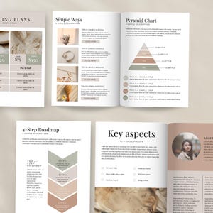 May include: A beige and green color scheme is used throughout this document. The document includes a pricing table, a pyramid chart, a roadmap, and a list of key aspects to a successful life. The document is designed to be used as a guide for personal development.