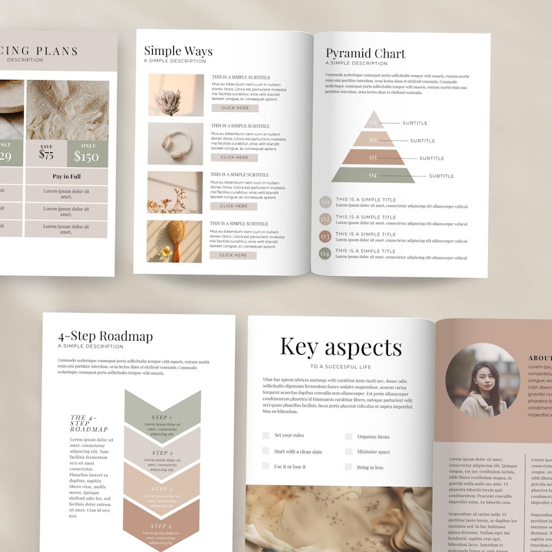 May include: A beige and green color scheme is used throughout this document. The document includes a pricing table, a pyramid chart, a roadmap, and a list of key aspects to a successful life. The document is designed to be used as a guide for personal development.
