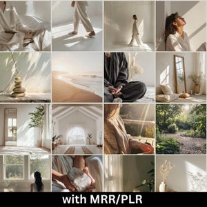 May include: A collage of images showcasing various interior design styles, featuring natural light, minimalist furniture, and serene settings. The images include a bedroom with white bedding, a living room with a large window, a bathroom with a freestanding tub, and a kitchen with a farmhouse sink.