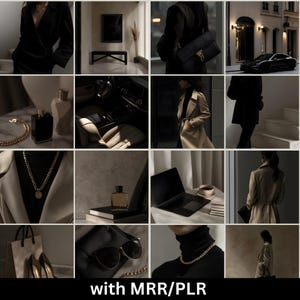 May include: A collage of images featuring a variety of items, including a black purse, a black blazer, a beige trench coat, a gold chain necklace, a gold chain bracelet, a clear glass bottle with a gold cap, a black laptop, a pair of sunglasses, and a black turtleneck shirt. The images are arranged in a grid pattern and have a dark and moody aesthetic.