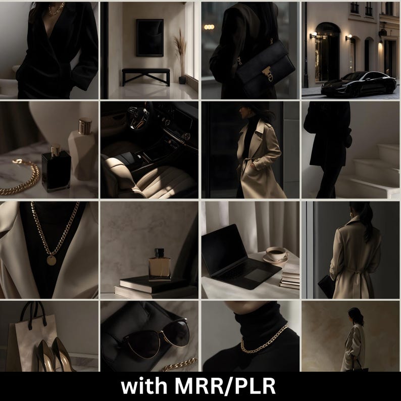 May include: A collage of images featuring a variety of items, including a black purse, a black blazer, a beige trench coat, a gold chain necklace, a gold chain bracelet, a clear glass bottle with a gold cap, a black laptop, a pair of sunglasses, and a black turtleneck shirt. The images are arranged in a grid pattern and have a dark and moody aesthetic.
