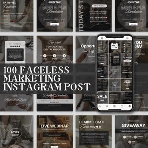 以下が含まれることがあります： マーケティング用の12個の白黒のInstagram投稿テンプレートのコラージュ。テンプレートには、「満足した顧客」、「MRR＆PLR革命に参加」、「デジタル製品を作成するためのトップ3ツール」、「100の顔のないマーケティングInstagram投稿」、「ライブウェビナー」、「そこから学び、そこから稼ぐ」、「特別版プレゼント」などのテキストが掲載されています。