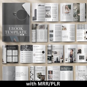 May include: A black and white ebook template with the text "96-Page Done For You Ebook Template Black Elegant Theme" on the cover. The template includes sections for welcome, how it works, 5 easy steps, steps and tips, reason gallery, testimonials, freebie offer, fully checklist, and thank you.