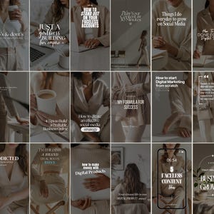 May include: A collage of 12 Instagram story graphics with tips for building a business online. The graphics feature a neutral color palette with text in white and black. Some of the tips include "How to Stand Out on Your Faceless Accounts", "How to Create an Effective Social Media Strategy", and "How to Make Money with Digital Products".
