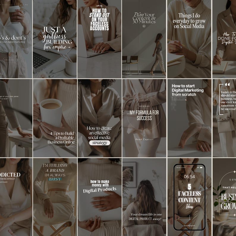 May include: A collage of 12 Instagram story graphics with tips for building a business online. The graphics feature a neutral color palette with text in white and black. Some of the tips include "How to Stand Out on Your Faceless Accounts", "How to Create an Effective Social Media Strategy", and "How to Make Money with Digital Products".