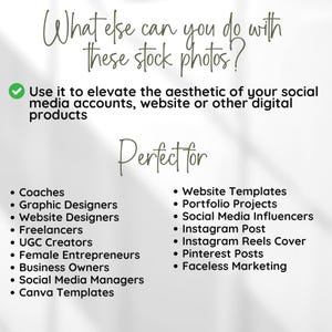 May include: Image with text: "What else can you do with these stock photos?" and "Use it to elevate the aesthetic of your social media accounts, website or other digital products." Lists "Perfect for" coaches, designers, influencers, and more.
