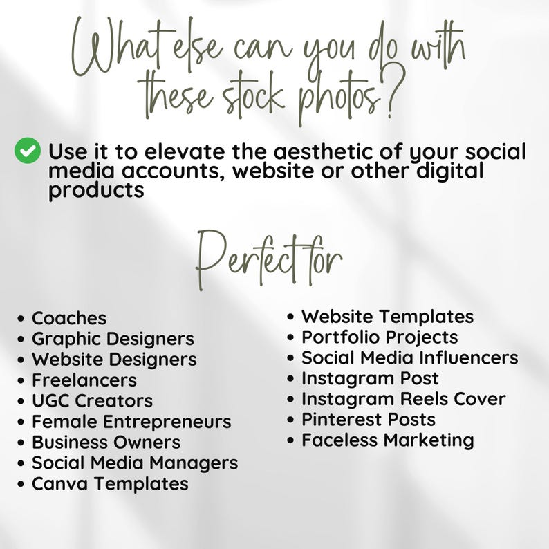 May include: Image with text: "What else can you do with these stock photos?" and "Use it to elevate the aesthetic of your social media accounts, website or other digital products." Lists "Perfect for" coaches, designers, influencers, and more.