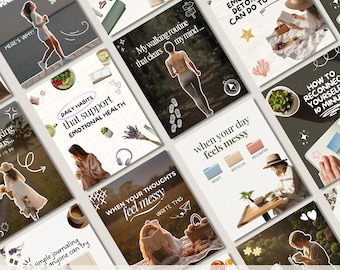 May include: A collection of 50 wellness Instagram carousel covers. Each cover features a different design with text and illustrations related to mental health, self-care, and daily habits. The covers have a soft, pastel color palette.