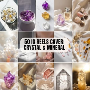 May include: A collage of crystals and minerals in various shapes and colors. The image includes amethyst, quartz, and citrine, along with a perfume bottle and essential oil bottles. Text on the image reads "50 IG REELS COVER: CRYSTAL & MINERAL."