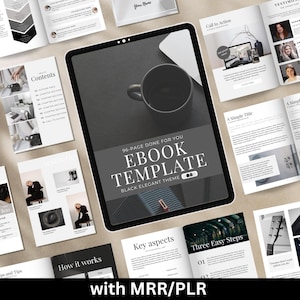 Könnte beinhalten: Eine schwarz-weiße E-Book-Vorlage mit dem Text "96-page done for you ebook template black elegant theme". Die Vorlage ist für digitale Produkte konzipiert und enthält Abschnitte für Inhalte, Handlungsaufforderung, wichtige Aspekte und drei einfache Schritte.