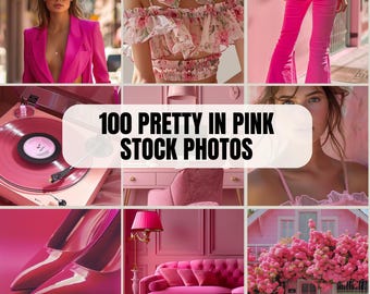May include: A collage of images featuring pink items, including a woman wearing a pink blazer, a pink floral top, a pink pair of trousers, a pink chair, a pink sofa, a pink lamp, and a pink house with pink flowers. The text "100 PRETTY IN PINK STOCK PHOTOS" is displayed in the centre of the collage.