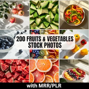 Puede incluir: Una colecci&oacute;n de 200 fotos de stock con una variedad de frutas y verduras. Las fotos incluyen primeros planos de frutas y verduras individuales, as&iacute; como arreglos de m&uacute;ltiples frutas y verduras.