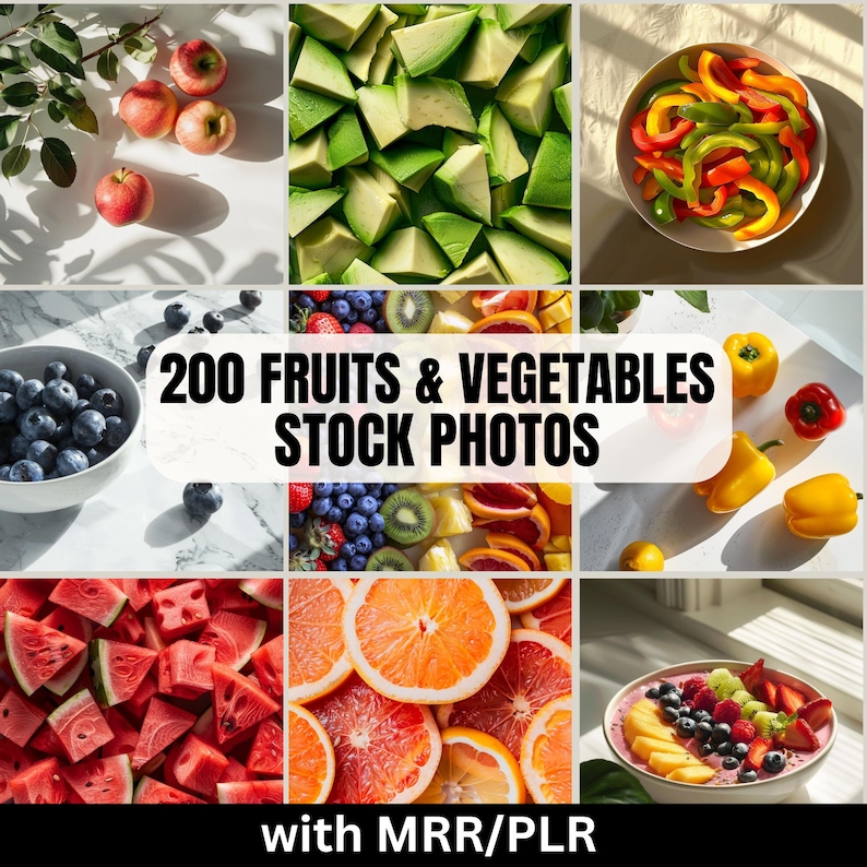 Puede incluir: Una colecci&oacute;n de 200 fotos de stock con una variedad de frutas y verduras. Las fotos incluyen primeros planos de frutas y verduras individuales, as&iacute; como arreglos de m&uacute;ltiples frutas y verduras.