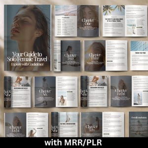 May include: A book cover with the title "Your Guide to Solo Female Travel: Explore with Confidence". The cover features a woman with her eyes closed and her head tilted back. The book is divided into chapters, each with a different title and image.