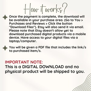 May include: Text explaining how digital downloads work on Etsy. It says that once payment is complete, the download will be available in the purchase area. It also says that Etsy will send a PDF file with a link to the purchased item. The text also states that this is a digital download and no physical product will be shipped.