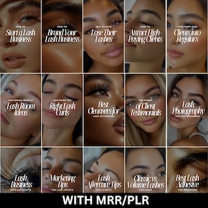 Könnte beinhalten: Eine Collage aus 12 Bildern mit Tipps für den Start und die Führung eines Wimpernstudios. Die Bilder zeigen Models mit verschiedenen Wimpernstyles und Textüberlagerungen mit Titeln wie "Wie man ein Wimpernstudio gründet", "Marken Sie Ihr Wimpernstudio", "Warum Kunden ihre Wimpern verlieren", "Hochwertige Kunden gewinnen", "Erstmals Kunden zu Stammkunden machen", "Instagram-würdige Wimpernstudio-Ideen", "Die richtigen Wimpern wählen", "Beste Reiniger für Wimpernverlängerungen", "Die Macht von Kundenreferenzen", "Wimpernfotografie-Tipps für Anfänger", "Wimpernstudio-Do's and Don'ts", "Marketing-Tipps für Wimpernstylisten", "Wimpernpflege-Tipps für Kunden", "Klassische vs. Volumen-Wimpern erklärt", und "Bester Wimpernkleber für Haltbarkeit".