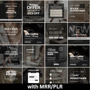 May include: A collage of 12 Instagram posts promoting digital products and courses. The posts feature a dark background with white text and images. Some of the posts include text such as "Discover the Power of Passive Income", "Limited Time Offer", "Success", "New Course", "Faceless Marketing Guide", "Mastering MRR", "4 Tips to Turn Digital Products into Wealth", and "Digital Product Guide".