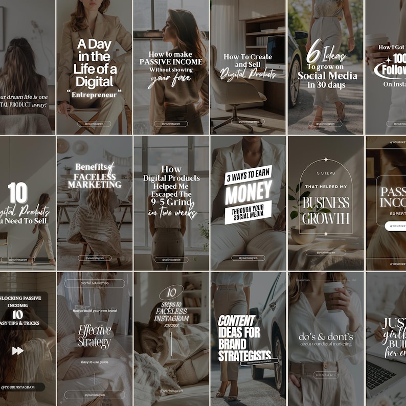 May include: A collage of 12 Instagram story templates with tips for growing a business online. The templates feature a neutral color palette with white text on a brown background. Some of the topics covered include passive income, social media growth, and digital products.