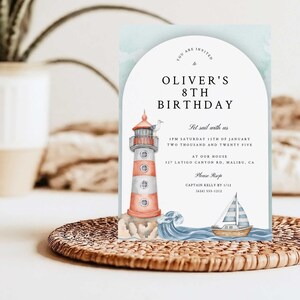 Invito di compleanno per bambini Blue Sea Lighthouse, compleanno del faro, invito di compleanno modificabile da scaricare 5x7, barche, 8° compleanno LHO24