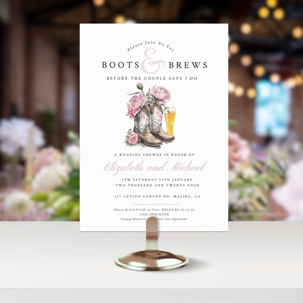 Editable Boots and Brews Bridal Shower and Couples Invitation B109 | Cowboy Boots Wedding Shower | Print From Home | 5 x 7 Templett