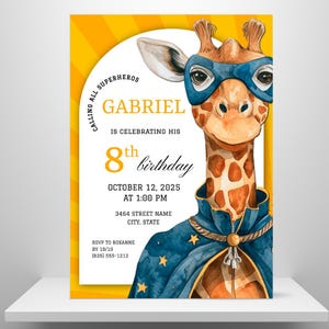Convite de aniversário de super-herói girafa editável | Modelo de festa de aniversário para impressão | Cartão de aniversário de super-herói | Aniversário de 8 anos infantil