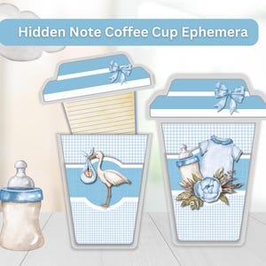 Op de afbeelding: Waterverf papier ephemera in de vorm van koffiebekers, een babyfles en een wolk. De koffiebeker ontwerpen bevatten baby-thema illustraties, waaronder een ooievaar, babykleding en een fles. De tekst "Hidden Note Coffee Cup Ephemera" wordt weergegeven.