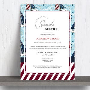 Invitación conmemorativa para funeral con temática náutica junto al mar / Invitación editable con temática oceánica para amantes del mar / Celebración de la vida en velero / 5x7
