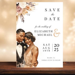 Matrimonio afroamericano, Save the Date neutro, matrimonio minimalista, invito Save the Date floreale, Save the Date BOHO moderno AASTD24