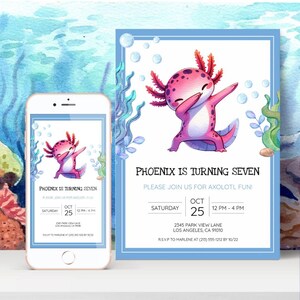 Editable Watercolor Axolotl Blue Birthday Invitation - 5x7, Axolotl Birthday Invite, Blue Boy Axolotls Invite, Editable in Templett WABB24