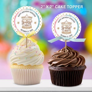Personalized Carousel Pony Birthday Cupcake Topper | Editable in Templett |  2" x 2" Round | Party Favor - Instant Download