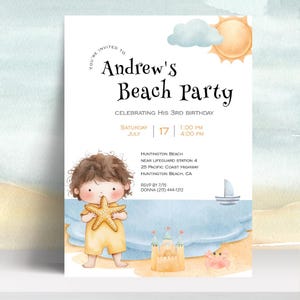Muschel Geburtstagseinladung für Jungen: Surf und Sand Thema (Digitaler Download)