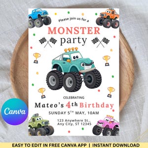 May include: A white invitation card with a monster truck theme. The text reads "Monster party" and "Mateo's 4th Birthday". The card features cartoon monster trucks in blue, orange, green, and pink, along with checkered flags and trophies.