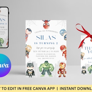 Superheroes Birthday Invitation and Thank You Tag Bundle – Editable Canva Template (Digital Download)
