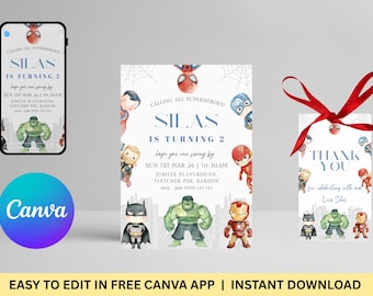 Superheroes Birthday Invitation and Thank You Tag Bundle – Editable Canva Template (Digital Download)