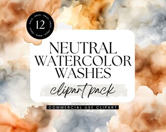 May include: A digital clipart pack of 12 neutral watercolor washes in shades of beige, brown, and gray. The text "NEUTRAL WATERCOLOR WASHES clipart pack COMMERCIAL USE CLIPART" is displayed on a white background.