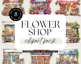 Flower Shop Clipart, Watercolor Clipart Pack, Transparent PNGs, Store Front Clipart, Flower Market Clipart, Florist Shop, Flower Boutique