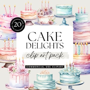 Birthday Cake Clipart Bundle, Watercolor Cake, Commercial Use, Transparent PNG, Dessert Clipart, Rainbow Cake PNG, Party Invitation