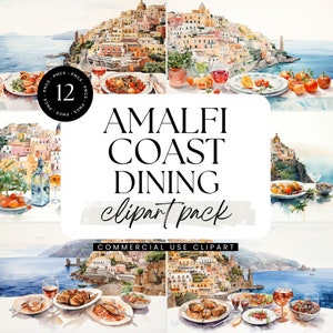 Watercolor Amalfi Coast Dining Clipart, Positano Italy, Travel Destination, Scrapbook, Mediterranean Clipart, European City, Vacation