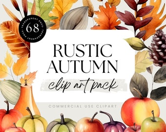Watercolor Autumn Clipart Pack, Fall Harvest PNGs (Commercial Use)