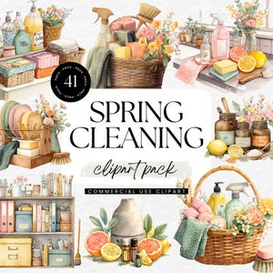 May include: Watercolor illustration with the text "SPRING CLEANING clipart pack". The image features various cleaning supplies, including soaps, spray bottles, and brushes, arranged with flowers and citrus fruits. The overall theme is spring cleaning.