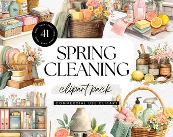 May include: Watercolor illustration with the text "SPRING CLEANING clipart pack". The image features various cleaning supplies, including soaps, spray bottles, and brushes, arranged with flowers and citrus fruits. The overall theme is spring cleaning.