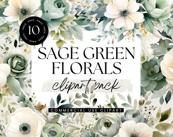 May include: A digital clipart pack of 10 sage green and white floral illustrations. The text "Sage Green Florals clipart pack" is displayed on a white background. The text "Commercial Use Clipart" is displayed below the main text.