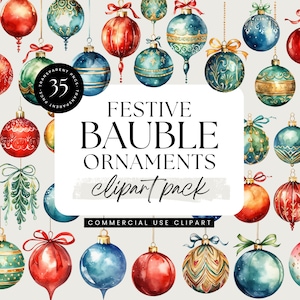 Christmas Bauble Ornaments Clipart Pack, Christmas Balls Decor PNG, Watercolor Clipart, Commercial Use, Christmas Clipart, Transparent PNG